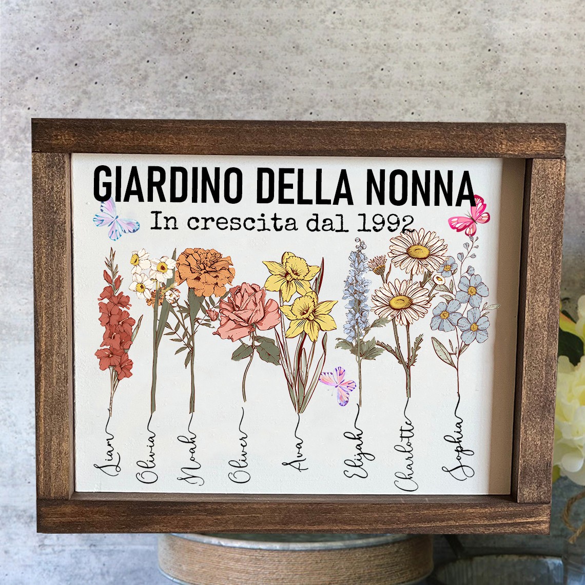 Stampa artistica personalizzata "Il Giardino della Nonna" con acquerello di fiori di nascita, targa con nomi e cornice in legno – Regalo unico e memorabile per la mamma, la nonna, idee regalo per la festa della mamma.