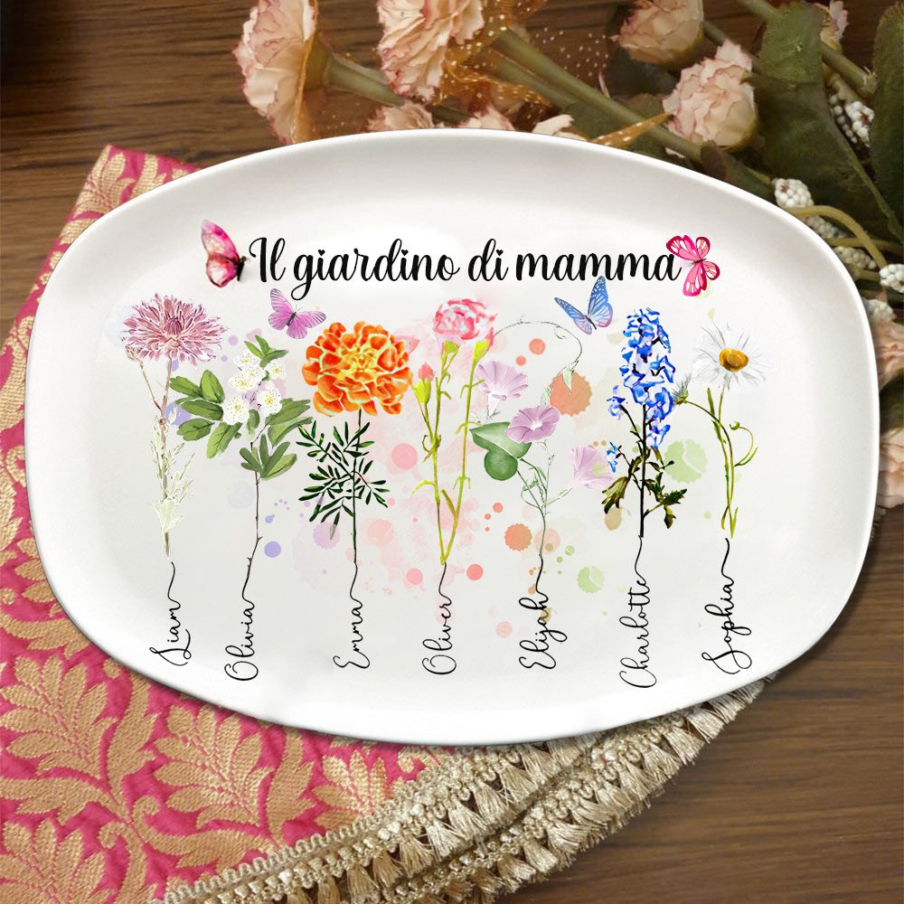 Vassoio familiare personalizzato 'Giardino della Mamma' stampato con i nomi dei bambini e i fiori di nascita. Un regalo da cucina unico per Mamma e Nonna, regalo di compleanno per una nuova mamma, idee regalo per la Festa della Mamma