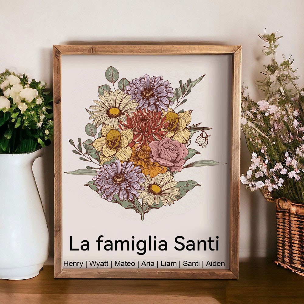 Stampa artistica personalizzata "Bouquet del Mese di Nascita" con nomi dei bambini, cornice in legno, regalo personalizzato per mamma o nonna, regalo unico per la festa della mamma.