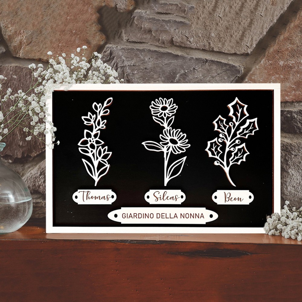 Cornice Personalizzata in Legno con Fiori di Nascita - Il Giardino della Nonna - Cartello Famigliare con Nomi dei Nipoti - Regalo Unico per Mamma, Nonna - Idee Regalo Festa della Mamma