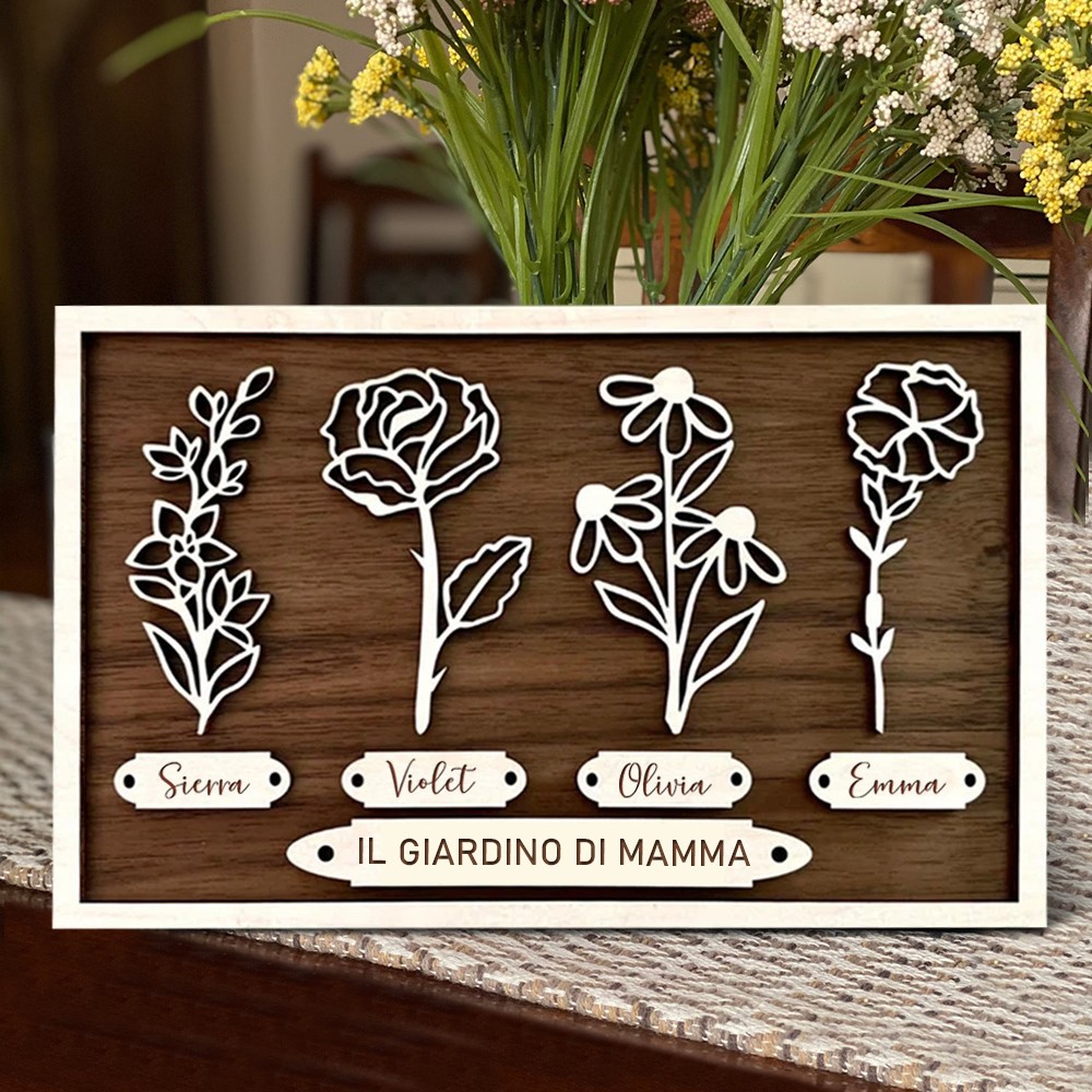 Insegna Personalizzata in Legno "Giardino della Mamma" con Nomi e Fiori di Nascita, Cornice Regalo Unico per Compleanno Mamma, Nonna, Regalo per la Festa della Mamma