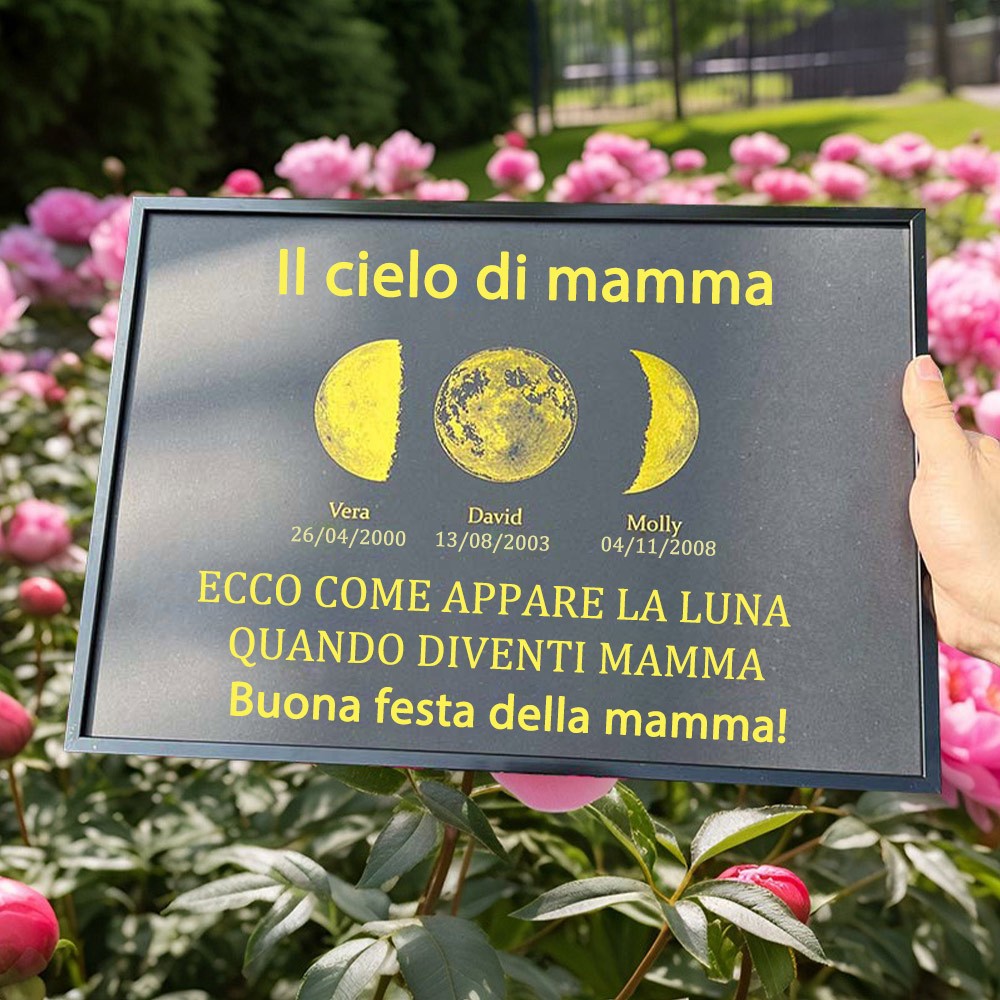 Cornice con stampa delle fasi lunari dell'universo personalizzato della mamma con nomi dei bambini. Regali unici per la festa della mamma