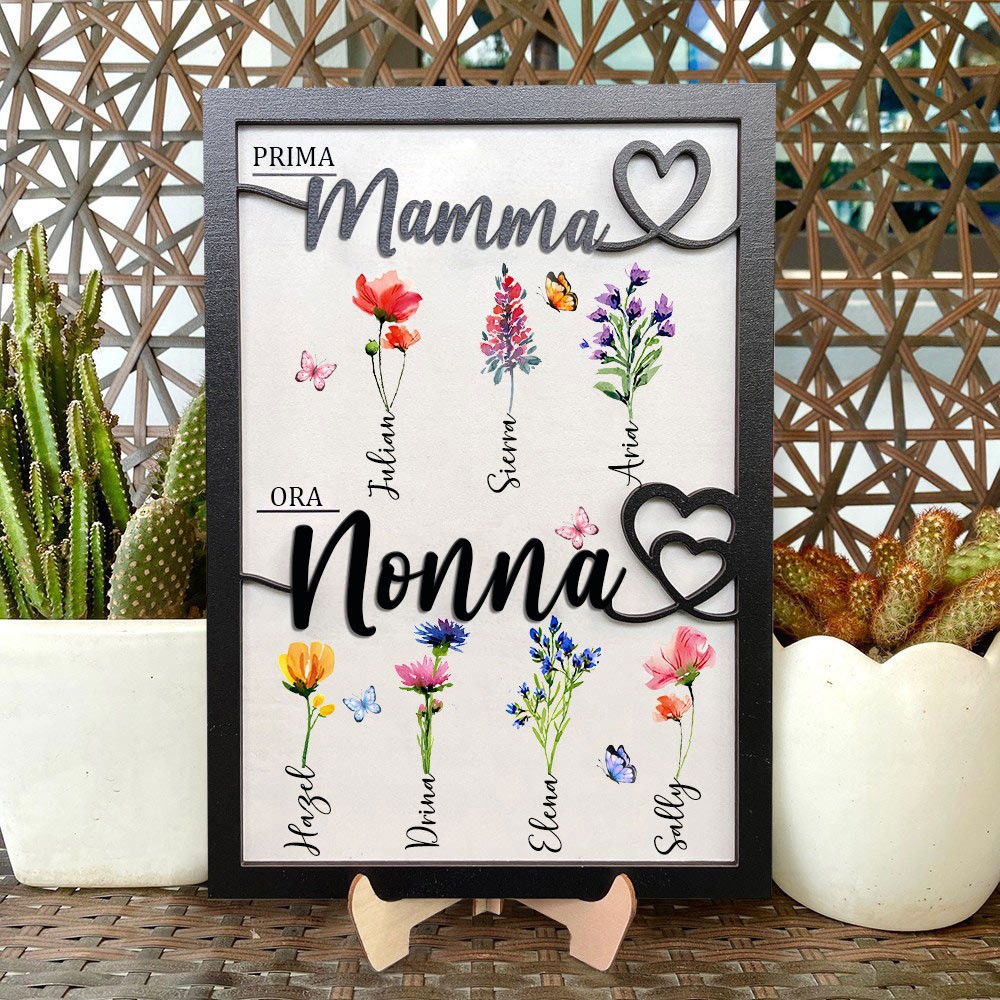 Stampa personalizzata con fiori del mese di nascita 'Prima Mamma, Ora Nonna' con cornice in legno e nomi dei bambini, regalo di compleanno unico per mamma e nonna, idee regalo per la festa della mamma