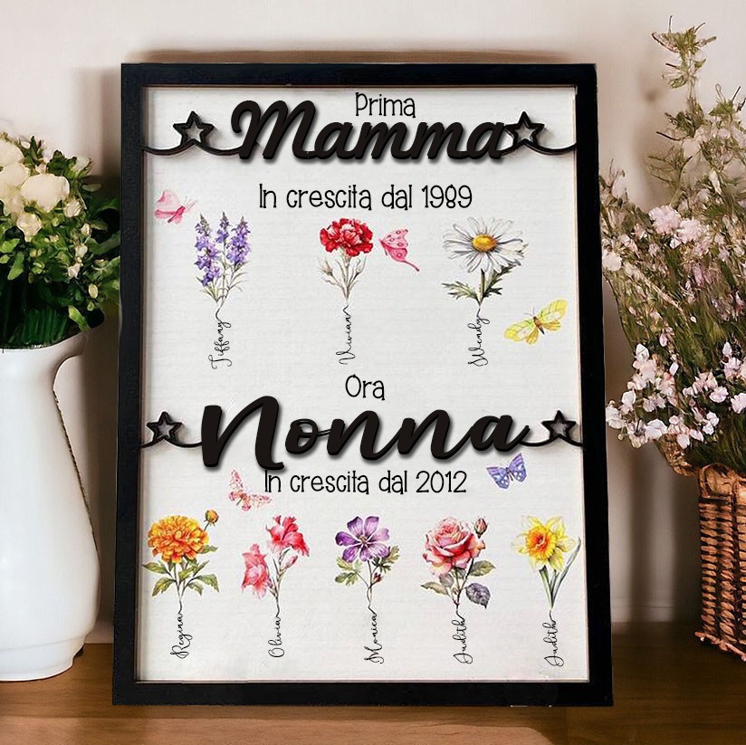 Cartello Personalizzato con Nomi e Fiori di Nascita Incorniciati - 'Prima Mamma, Ora Nonna' - Regalo Unico e Memorabile per la Famiglia, Ideale per la Mamma e la Nonna, Idee Regalo per la Festa della Mamma