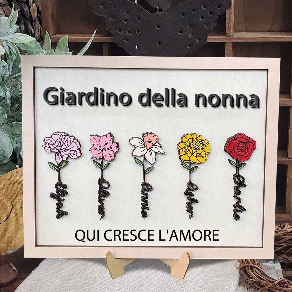 Cartello in Legno Personalizzato per la Festa della Mamma/Nonna "L'Amore Cresce Qui" con Fiori di Nascita ad Acquerello - Regalo Unico per Mamma/Nonna con Nomi