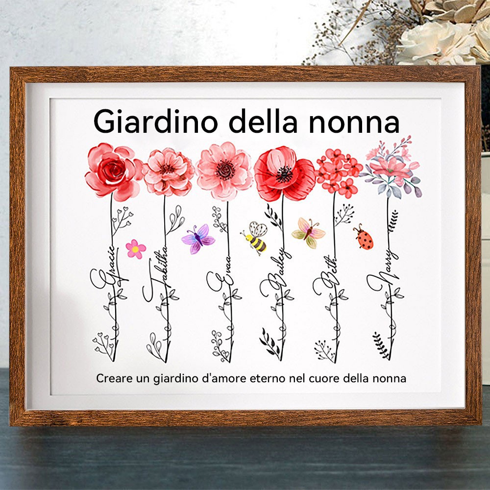 Stampa Artistica Personalizzata in Legno con Fiore di Nascita - Cornice 'Il Giardino della Nonna'. Regalo di Compleanno Unico per Mamma, Nonna. Idee Regalo per la Festa della Mamma.