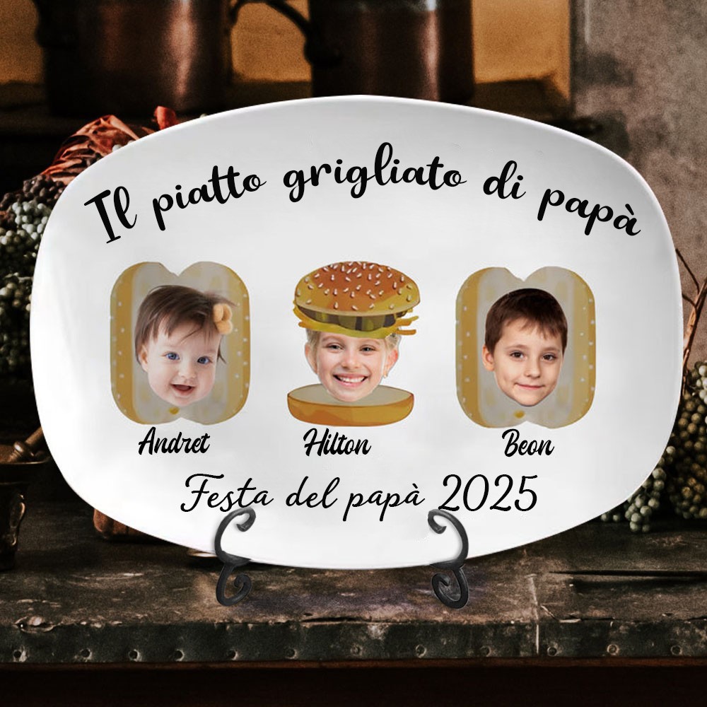 Stampa artistica personalizzata con foto, piatto grigliato di papà con nomi dei bambini, regalo per la festa del papà