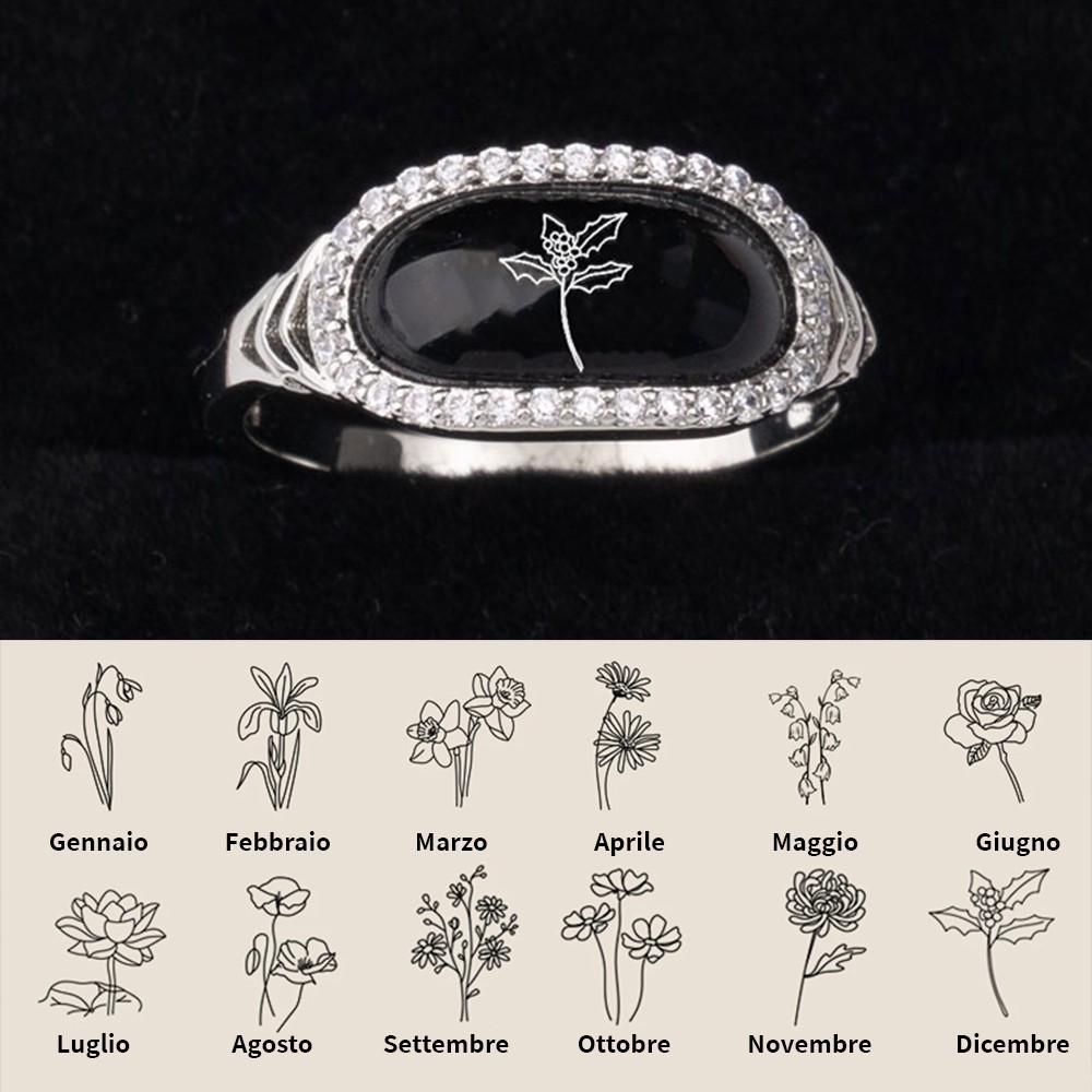 Anello personalizzato con fiori di nascita con conchiglia nera, regalo di compleanno unico per la mamma, la nonna, idee regalo per la festa della mamma