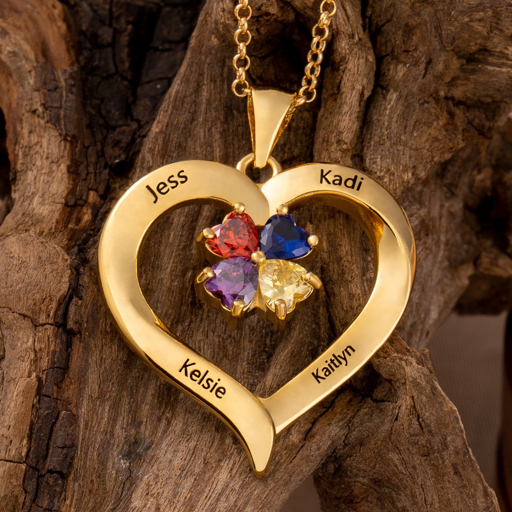 Collana personalizzata con pietre portafortuna a forma di cuore con nomi incisi Regali per la famiglia per la mamma, nonna, Idee regalo per la festa della mamma