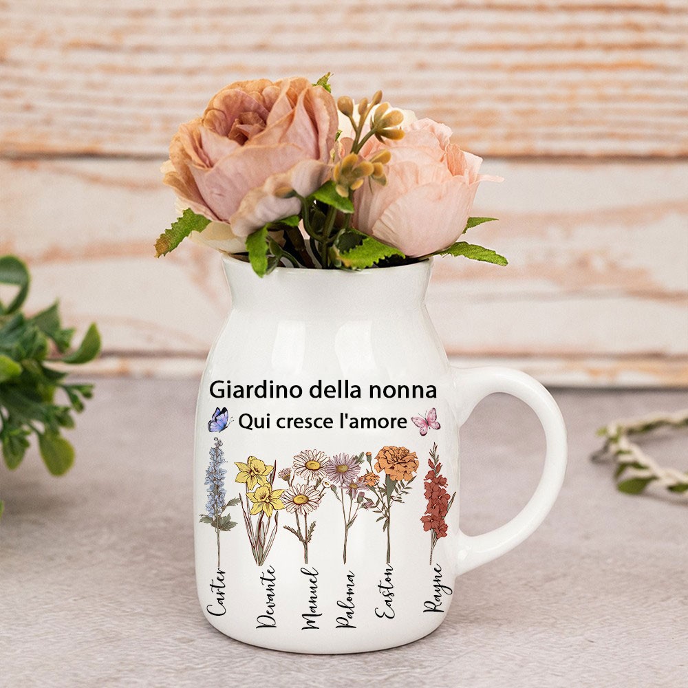 Stampa artistica personalizzata ad acquerello con vaso di fiori per la nascita del giardino della nonna con i nomi dei bambini, ricordo di famiglia, regalo per la mamma, nonna, idea regalo unica per la festa della mamma.