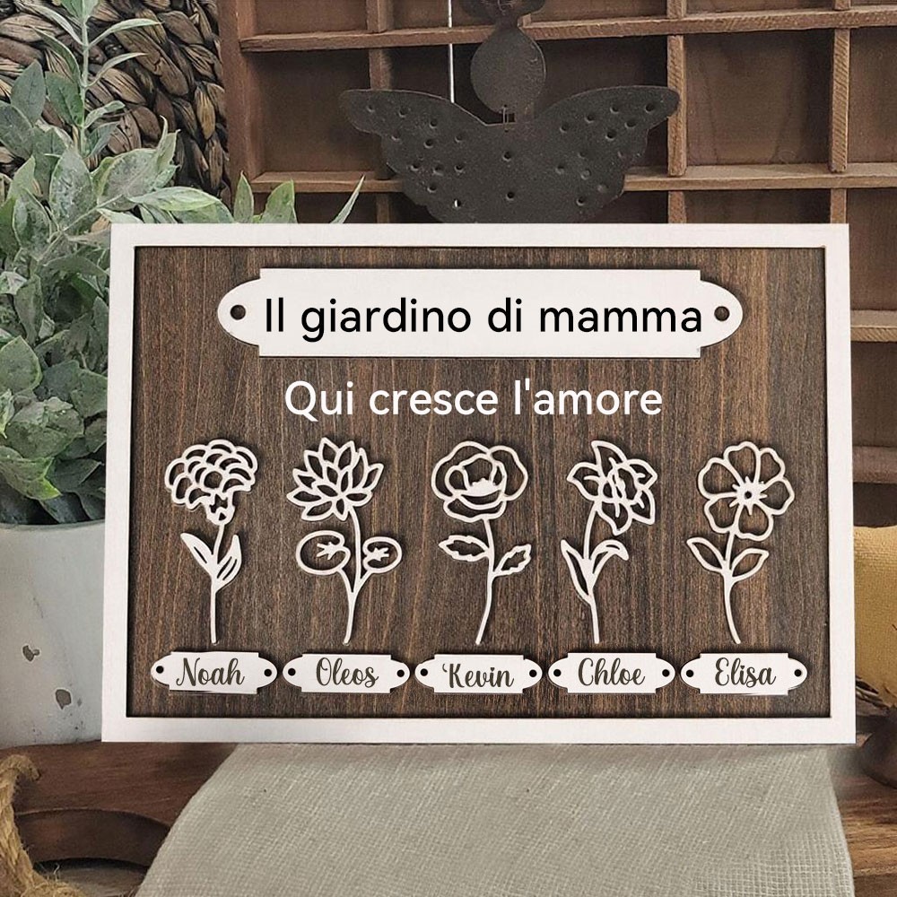 Insegna/Cornice Personalizzata in Legno con Fiori di Nascita del Giardino della Mamma e Nomi dei Bambini – Regalo Unico per Mamma, Nonna, Compleanno o Festa della Mamma