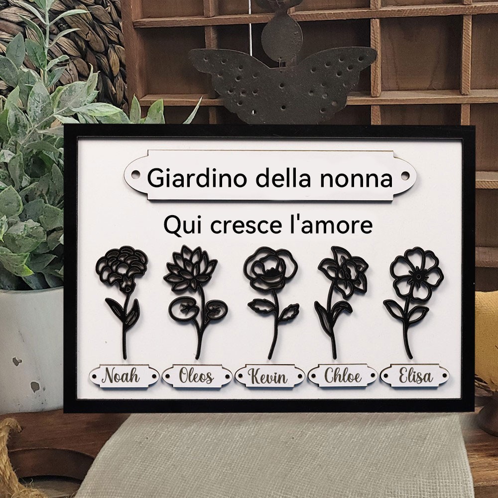 Insegna personalizzata in legno per la cornice dei nomi dei fiori di nascita "Il Giardino della Nonna" con i nomi dei nipoti, regalo per la famiglia per la mamma, la nonna, regalo unico per la festa della mamma.