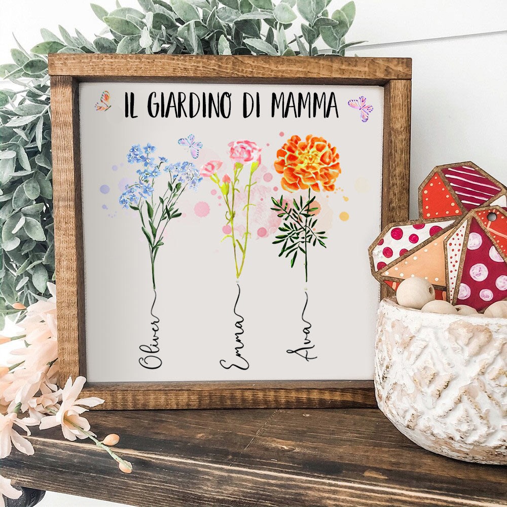 Targa di famiglia in legno con stampa floreale del mese di nascita del giardino delle mamme personalizzato con i nomi dei bambini, regali ricordo di compleanno per mamma e nonna, idee regalo uniche per la festa della mamma