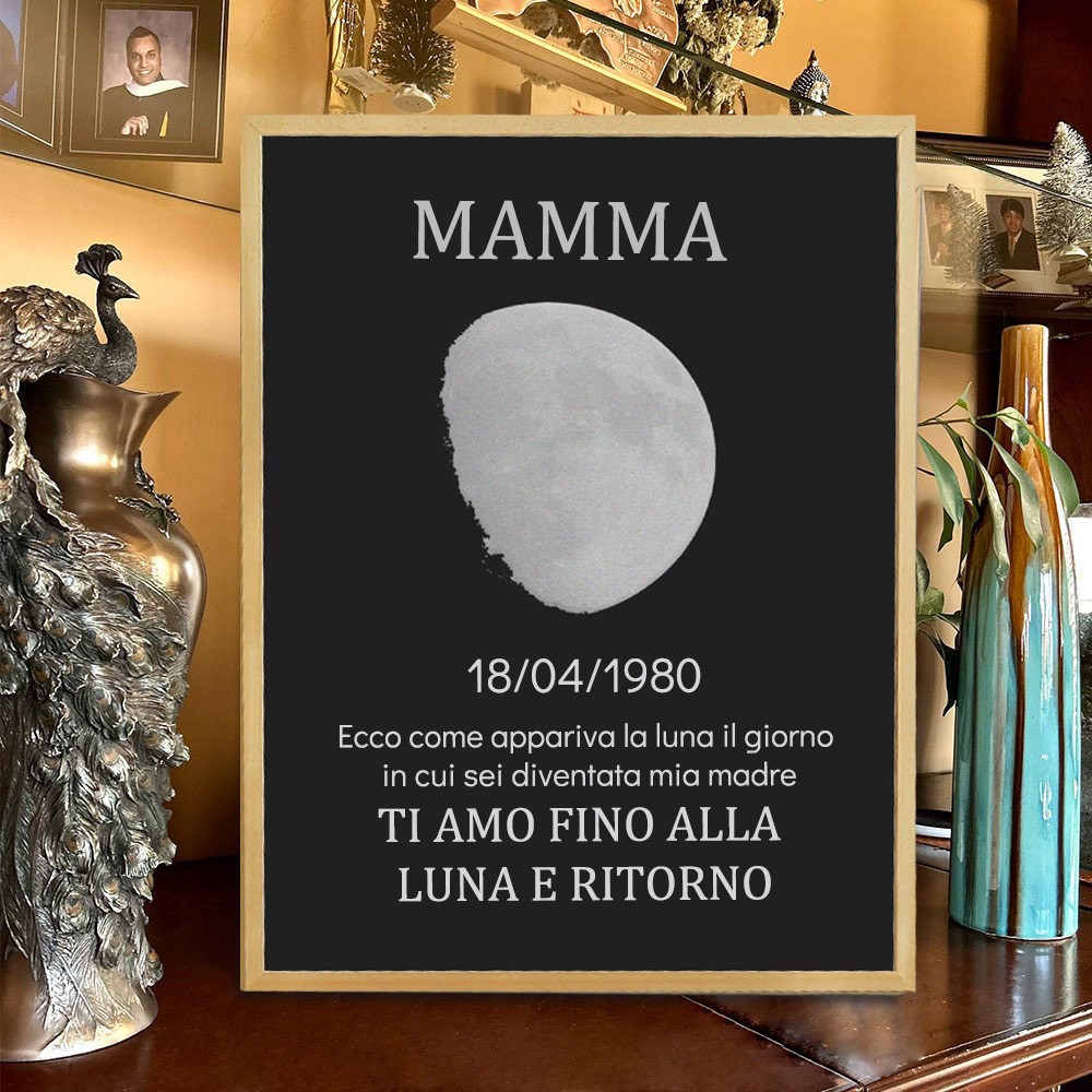 Cartello fotografico personalizzato in legno con fasi lunari per il regalo della festa della mamma