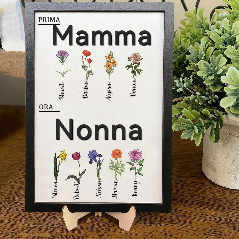 Cornice in Legno Personalizzata ad Acquerello "Prima Mamma Ora Nonna" con Nomi e Fiori di Nascita - Regalo Unico di Compleanno per Mamma e Nonna, Idee Regalo per la Festa della Mamma.