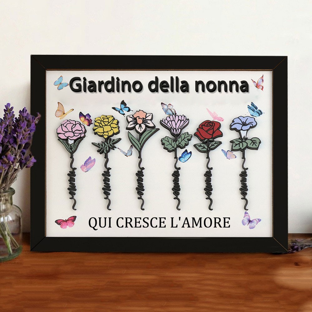 Cornice personalizzata in legno "Il Giardino della Nonna - L'Amore Cresce Qui" con i Fiori di Nascita e i Nomi dei Nipoti - Cartello Regalo Personalizzato per Mamma e Nonna - Idee Regalo Uniche per la Festa della Mamma