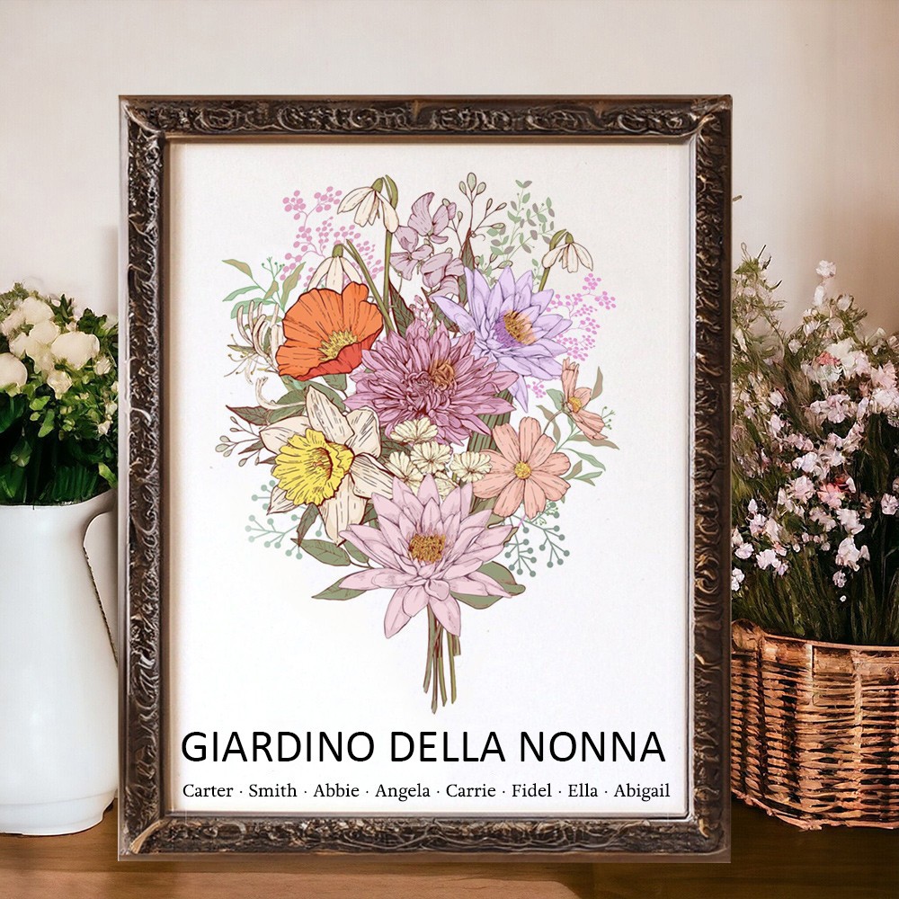 Cornice floreale personalizzata per il mese di nascita con nomi dei nipoti, regalo per la festa della mamma, regalo unico per la nonna, regali di Natale per la mamma e la nonna