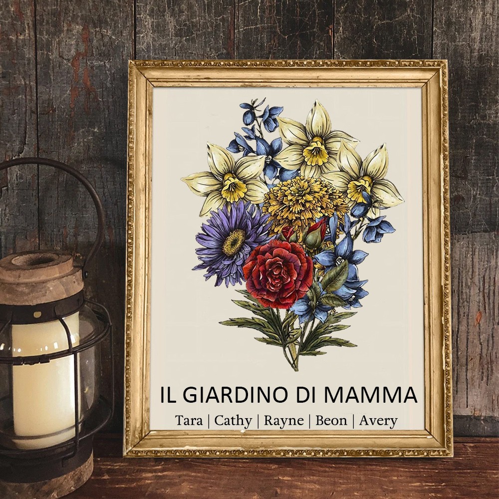 Cornice Bouquet di Fiori di Nascita Personalizzata per il Giardino della Mamma con Nomi dei Bambini – Regali Famiglia Personalizzati per Mamma, Nonna, Regalo di Compleanno, Idee Regalo di Natale