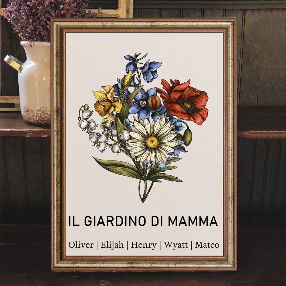 Cornice personalizzata per bouquet del mese di nascita del giardino della mamma con nomi dei bambini, regali unici per la famiglia, regalo di compleanno per mamma e nonna, regalo speciale di Natale.