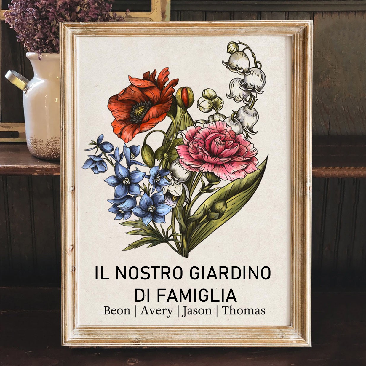 Stampa artistica personalizzata "Il Giardino della Mamma - La Nostra Famiglia" - Cornice con bouquet di fiori del mese di nascita e nomi dei bambini - Regali unici per mamma e nonna - Idee regalo significative per Natale.