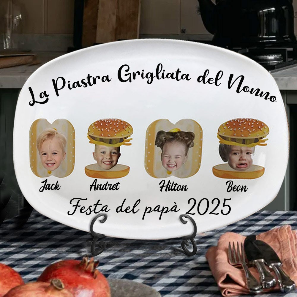 Stampa artistica personalizzata con foto di bambini, piatto grigliato del nonno con nomi, idee regalo perfette per la festa del papà