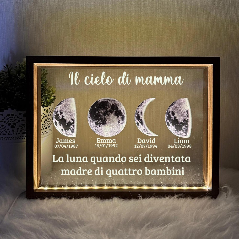Cornice luminosa notturna con fasi lunari e nomi dei bambini, regalo unico per la mamma, idee regalo per la festa della mamma