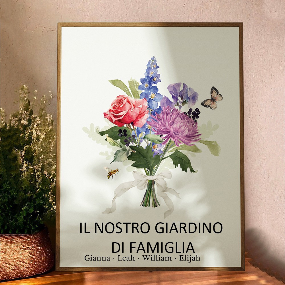 Insegna personalizzata con nomi incorniciata per il bouquet di fiori di nascita "Il nostro giardino di famiglia", con nomi dei bambini, regali ricordo per mamma e nonna, idee regalo di Natale uniche.