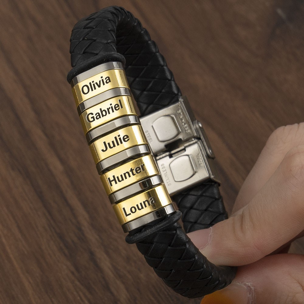 Bracciale personalizzato con perline in pelle da uomo con nomi di bambini. Idee regalo uniche per la festa del papà, regalo per la famiglia del papà per il marito