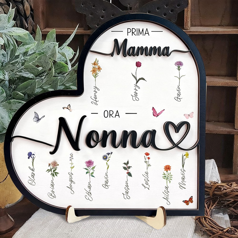 Insegna Personalizzata in Legno con Cornice 'Prima Mamma Ora Nonna' con Fiori di Nascita del Mese del Giardino e Nomi – Idea Regalo Unica per la Famiglia e la Festa della Mamma