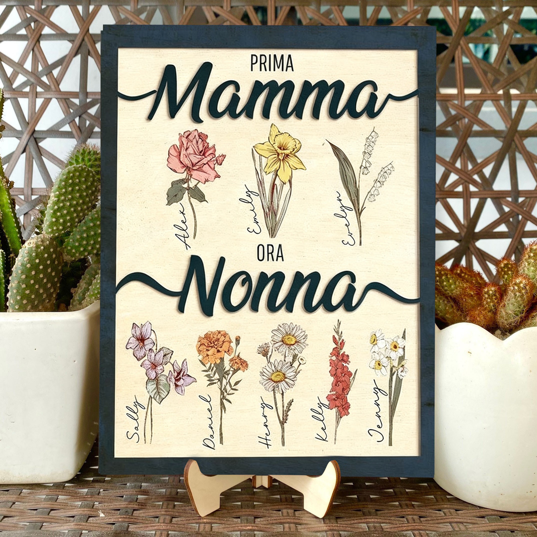 Cornice personalizzata "Prima Mamma, Ora Nonna" con fiori del mese di nascita, cartello familiare personalizzato con nomi, placca regalo unica per mamma, nonna, idee regalo per la festa della mamma.