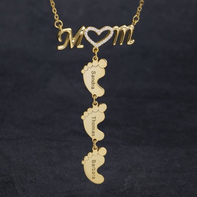 Collana personalizzata con intarsi a forma di mamma e ciondolo a forma di piedini di bambino. 1-10 ciondoli. Idee regalo uniche per la mamma, la nonna e per la festa della mamma.