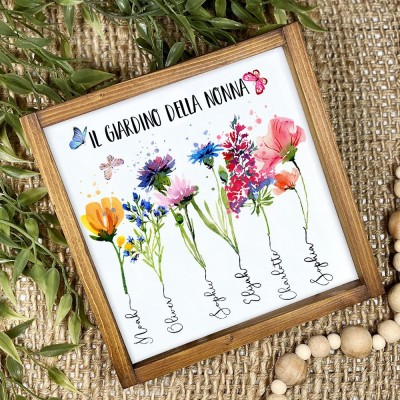 Stampa artistica personalizzata &quot;Il Giardino della Nonna&quot; con fiori di nascita, cornice e nomi dei nipoti. Regali di compleanno affettuosi per la nonna, la mamma. Idee regalo uniche per la festa della mamma.