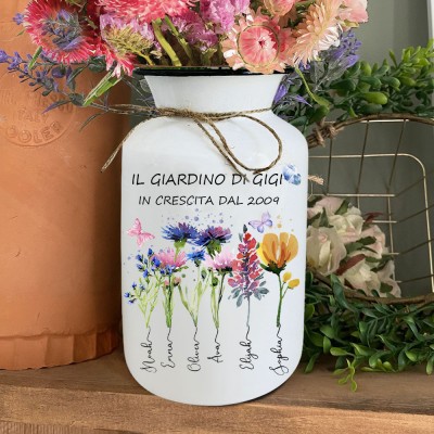 Vaso di fiori di nascita "Il giardino di Gigi" personalizzato con nomi di bambini, regalo unico per baby shower, regalo di compleanno per mamma, nonna, regalo per la festa della mamma.