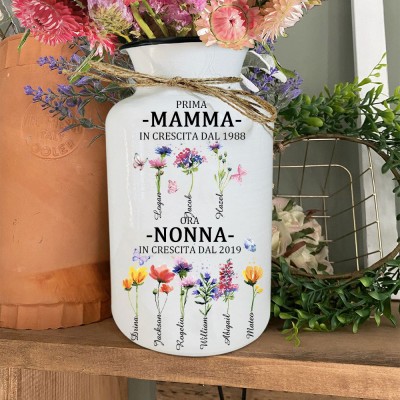 Stampa artistica ad acquerello personalizzata "Prima mamma ora nonna", vaso per fiori di nascita con i nomi dei nipoti, regalo unico come ricordo di famiglia per mamma, nonna e idee regalo per la festa della mamma.