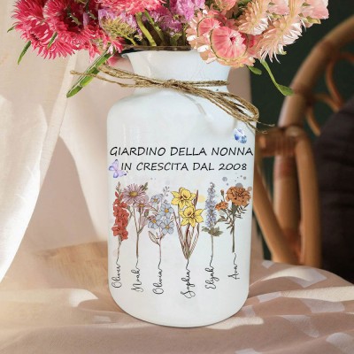 Stampa artistica personalizzata del giardino della nonna, vaso di fiori per la nascita con i nomi dei nipoti, regalo unico per la famiglia, nonna, idee regalo per la festa della mamma