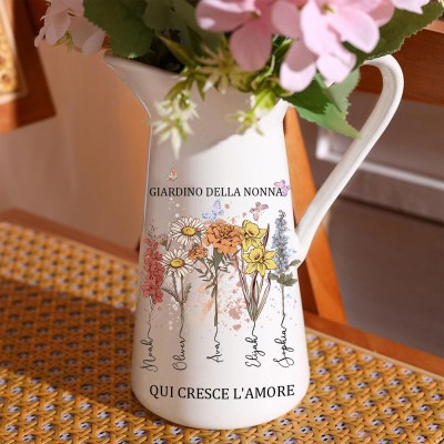 Vaso di fiori personalizzato con acquerello "Giardino della nonna" per il mese di nascita, con i nomi dei nipoti. Mini regalo di famiglia unico per la mamma, la nonna e le idee regalo per la festa della mamma.