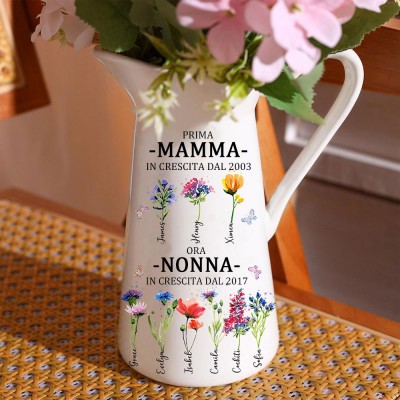 Stampa artistica personalizzata "Prima mamma ora nonna", vaso per fiori di nascita con nome del bambino, regalo di compleanno unico per mamma, nonna, idee regalo per la festa della mamma.