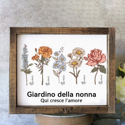 Cornice in legno personalizzata con fiori del mese di nascita e nomi dei bambini, regalo unico per mamma, nonna, festa della mamma, in legno.
