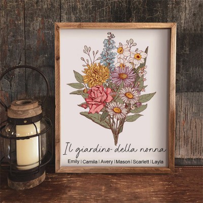 Targa personalizzata con stampa floreale del giardino della nonna, cornice artistica per la famiglia con i nomi dei nipoti, regalo di compleanno unico per la mamma, nonna, idee regalo per la festa della mamma