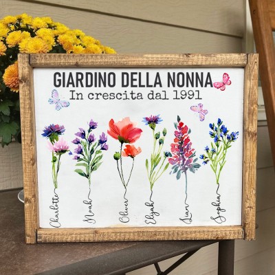 Insegna personalizzata con nome &quot;Giardino della Nonna&quot; con fiori di nascita e cornice in legno - Regalo di compleanno unico per mamma, nonna - Regali per la festa della mamma.