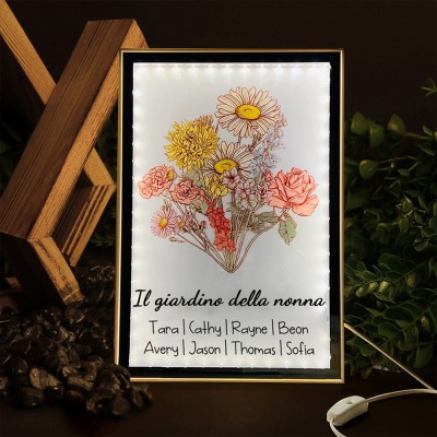 Lampada da notte con stampa floreale personalizzata del giardino della nonna, bouquet di famiglia con nomi dei nipoti, regalo di compleanno per la mamma, nonna, regalo unico per la festa della mamma