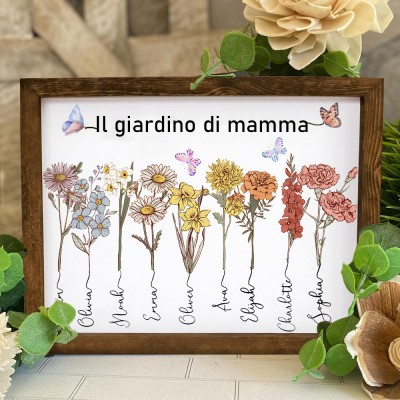 Insegna Incorniciata Personalizzata per il Giardino della Mamma con Fiori di Nascita e Nomi dei Bambini – Regalo Ricordo per la Famiglia per Mamma, Nonna – Idee Regalo Uniche per la Festa della Mamma