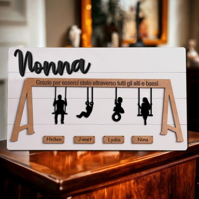 Set altalena per nonna in legno personalizzato, cartello della famiglia con nomi dei nipoti, regali unici per la mamma, nonna, idee regalo per la festa della mamma