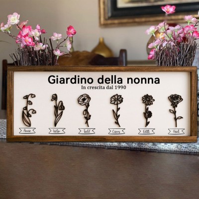 "Giardino della Nonna" Personalizzato in Legno con Nomi dei Nipoti - Cornice Regalo Personalizzata con Fiori di Nascita del Mese - Regalo per la Mamma, la Nonna, Festa della Mamma