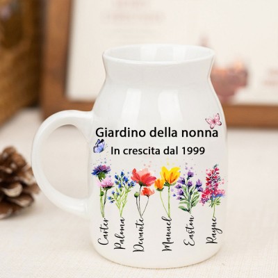 Stampa artistica personalizzata con vaso di fiori per la nascita della nonna con i nomi dei nipoti, regalo di famiglia per interni per mamma e nonna, regalo di compleanno unico, idee regalo per la festa della mamma