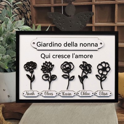 Insegna personalizzata in legno per la cornice dei nomi dei fiori di nascita "Il Giardino della Nonna" con i nomi dei nipoti, regalo per la famiglia per la mamma, la nonna, regalo unico per la festa della mamma.