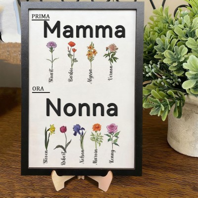 Cornice in Legno Personalizzata ad Acquerello "Prima Mamma Ora Nonna" con Nomi e Fiori di Nascita - Regalo Unico di Compleanno per Mamma e Nonna, Idee Regalo per la Festa della Mamma.