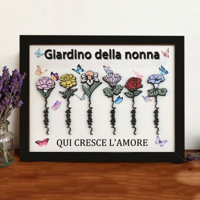 Cornice personalizzata in legno "Il Giardino della Nonna - L'Amore Cresce Qui" con i Fiori di Nascita e i Nomi dei Nipoti - Cartello Regalo Personalizzato per Mamma e Nonna - Idee Regalo Uniche per la Festa della Mamma