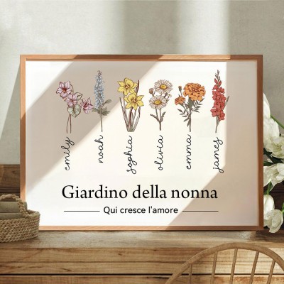 Stampa Artistica Personalizzata 'Il Giardino della Nonna' con Fiori del Mese di Nascita, Cornice con Nomi dei Nipoti – Regali di Compleanno Personalizzati per Mamma e Nonna, Idee Regalo di Natale.