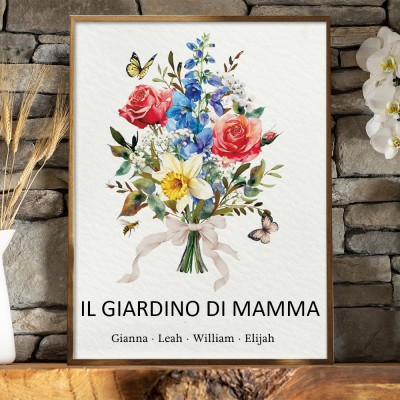 Stampa artistica personalizzata ad acquerello "Il Giardino della Mamma" con bouquet di fiori di nascita, cornice in legno e nomi dei bambini – Regali di Natale, regali unici di compleanno per nonne e mamme.